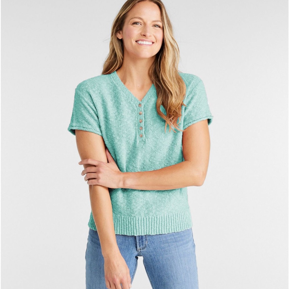 LL Bean Women's Midweight Cotton Slub Sweater, Henley Short-Sleeve EUC SIZE S - Picture 1 of 8